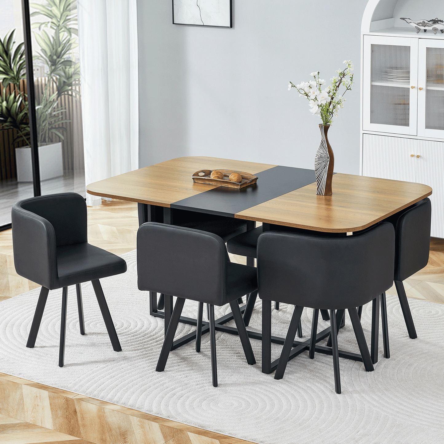7-Piece Dining Table Set for 6, 1 Table & 6 Black PU Upholstered Chairs, Black & Wood Grain Melamine Table, Modern Kitchen Nook Set for Dining Room, Apartment & Small Space image 1