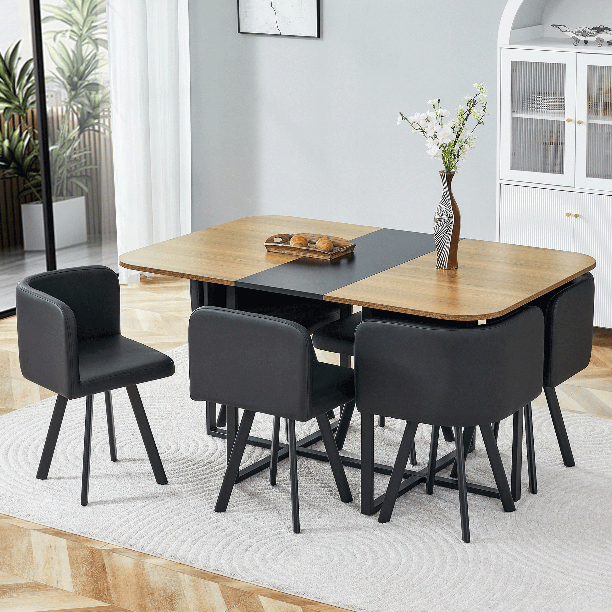 7-Piece Dining Table Set for 6, 1 Table & 6 Black PU Upholstered Chairs, Black & Wood Grain Melamine Table, Modern Kitchen Nook Set for Dining Room, Apartment & Small Space image 1