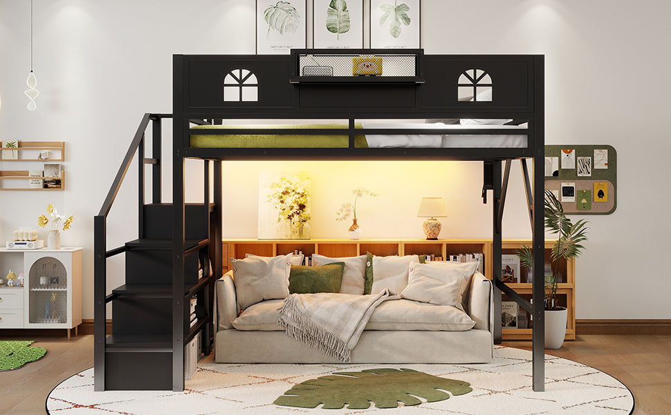 Queen Size Loft Bed with Stairs, Metal Queen Loft Bed with High and House Shaped Guardrails, High Loft Bed with Wardrobe for Kids Teens, black(Old SKU W2593S00061) image 6