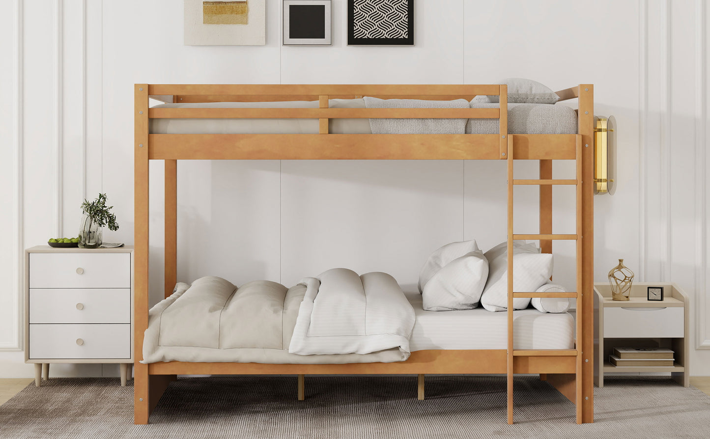 Wood Queen Size Bunk Bed with Ladder, Wood Color image 5