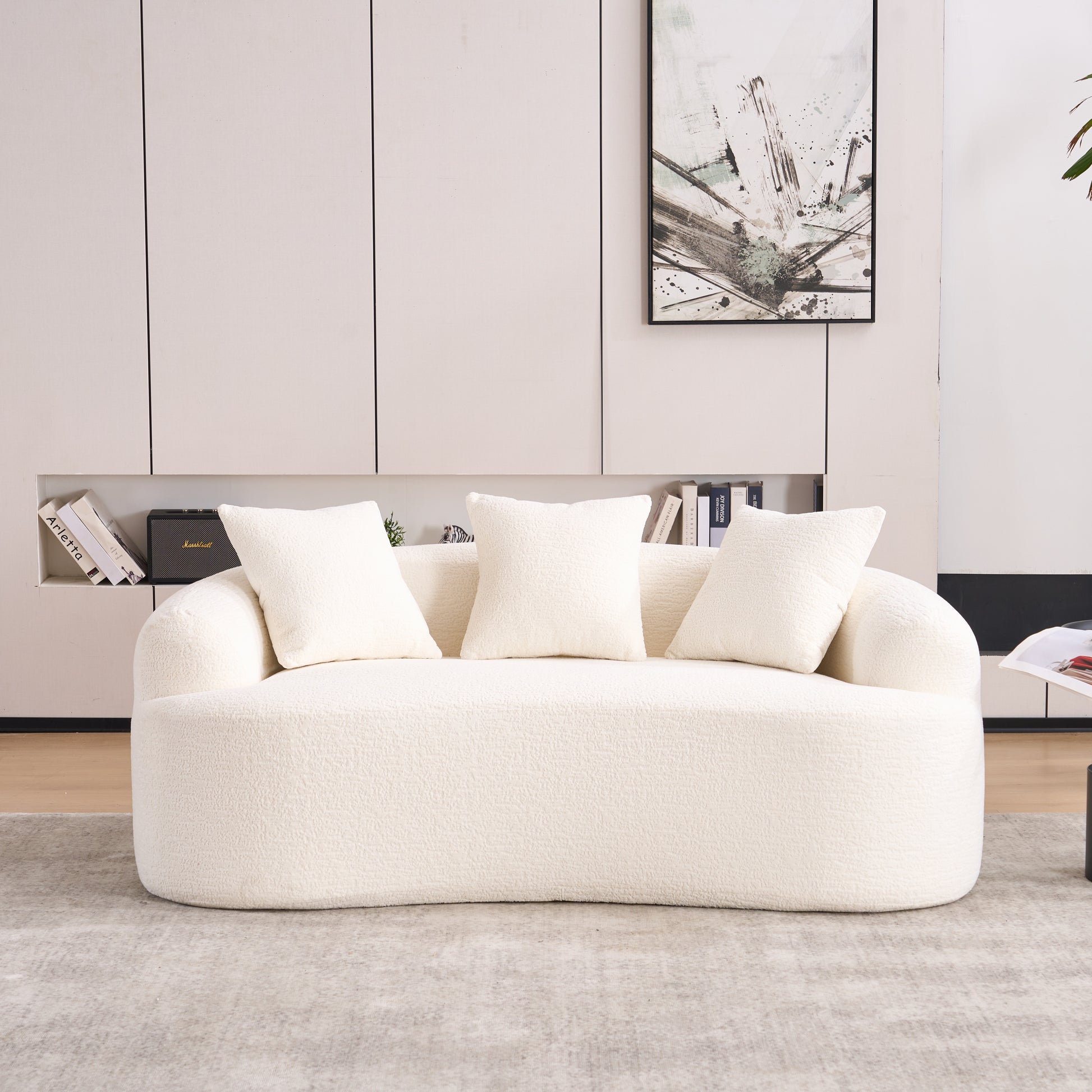 LY-025S Curved Loveseat White Full Compression Sponge Sofa, 30D Chenille No-Assembly Compact Sofa for Small Spaces & Apartments, 65"L, 300 lbs, 3 Pillows image 9