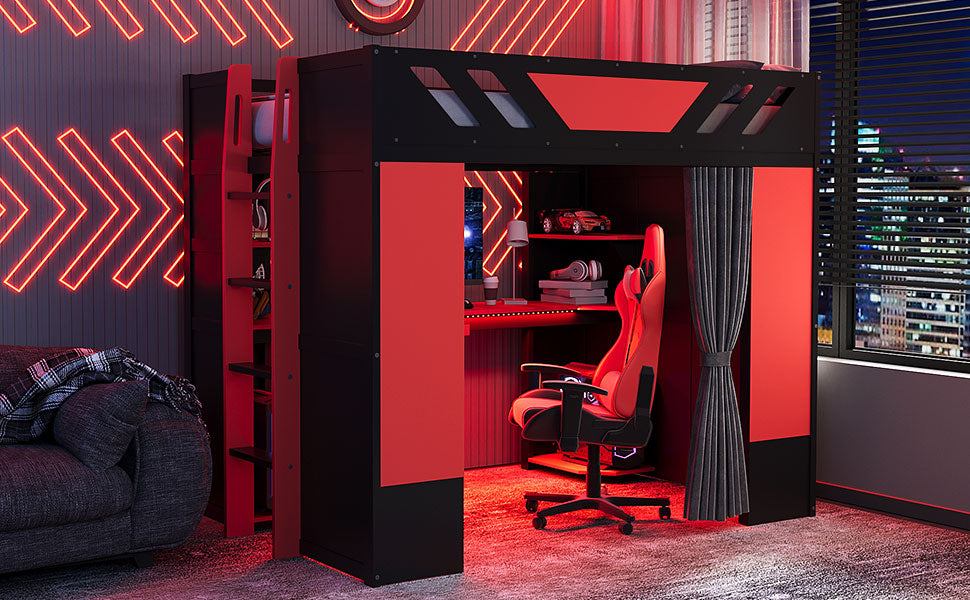 Full Size Wood Loft Bed with,Shelves,Blackout Curtains,and RGB Lights,Black+Red image 4