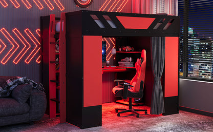 Full Size Wood Loft Bed with,Shelves,Blackout Curtains,and RGB Lights,Black+Red image 4