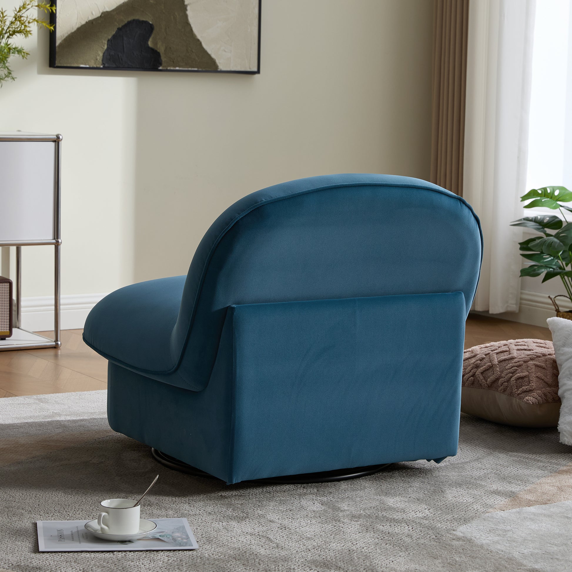 Swivel Accent Chair, 360-degree Metal Base with Velvet Fabric Upholstery, Comfy Pumpkin-Shaped Swivel Chair for Living Room, Bedroom, or Office image 4