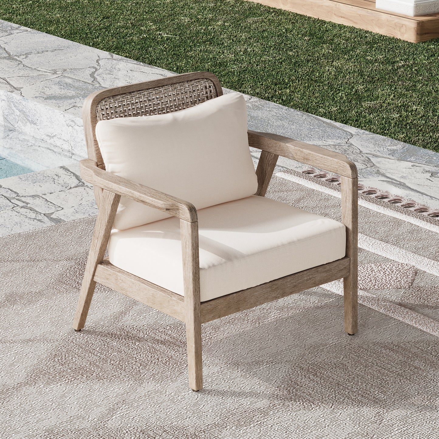 Outdoor Acacia Wood Patio Club Chair, Patio Furniture,Waterproof Thick Cushion Deep Seating for Porch, Garden, Backyard, Balcony, Weight Capacity 400lbs, Light Brown finish, Cream cushion image 4