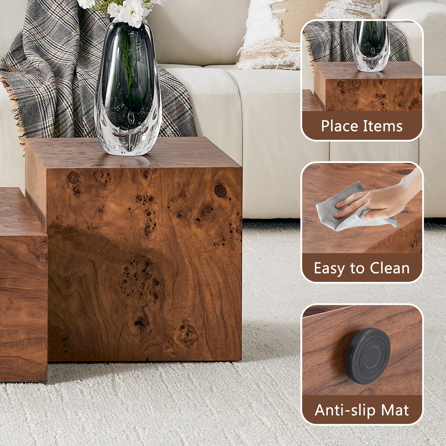 Premium Burl Walnut Veneer MDF Cube Table, Height Adjustable Multi-purpose Coffee Side End Table for Living Room, 15.7"×15.7"×15.7", No Extra Items Included image 3