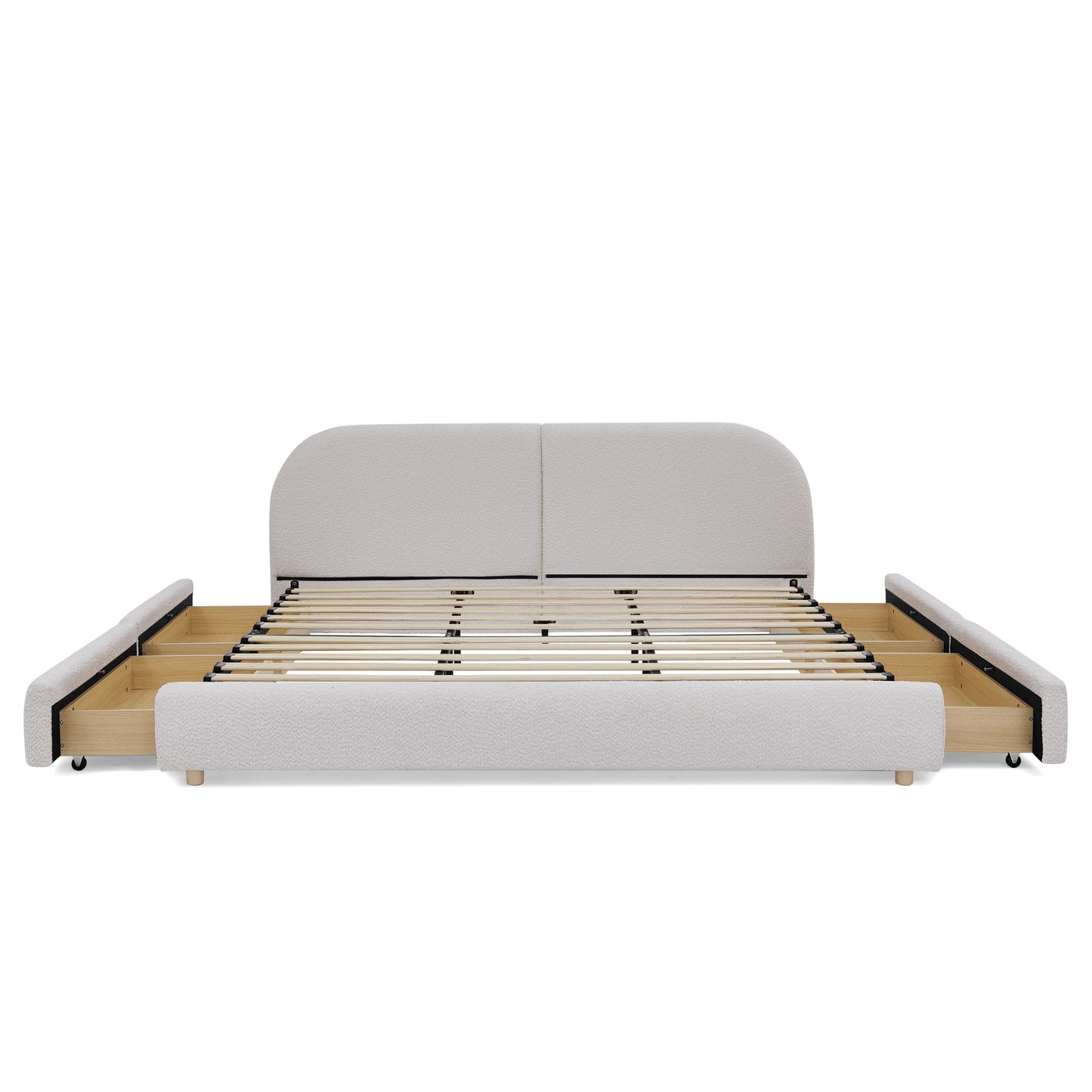 King Size Upholstered Bed Frame Modern Minimalist Style - Circle Yarn Fabric, Tall Curved Headboard, Sturdy Leg Support & Wheeled Drawer Storage, Mattress Not Included -Beige image 9