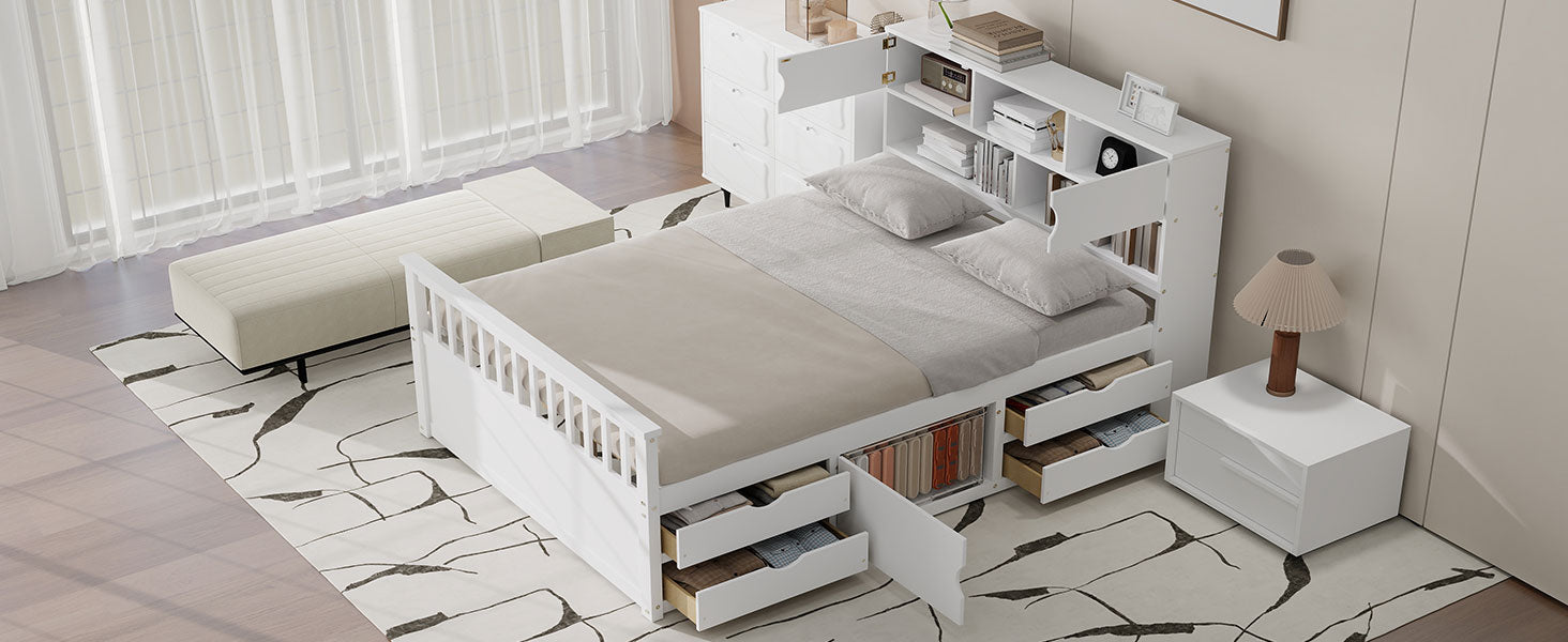 Full Size Captain Platform Bed Frame with Storage Bookcases and Shelves,Four Drawers,White image 12