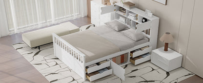 Full Size Captain Platform Bed Frame with Storage Bookcases and Shelves,Four Drawers,White image 12