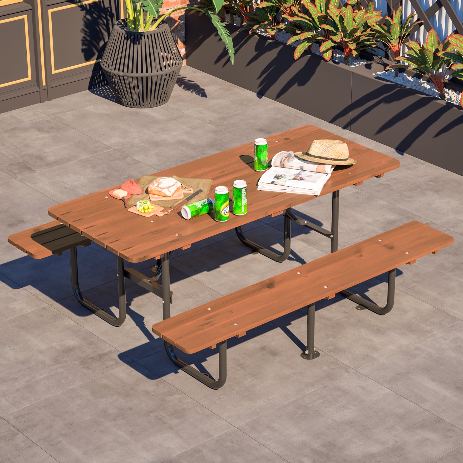 72" Rectangular Outdoor Picnic Table for 6 Person,Heavy Duty Wooden Dining Set with Built-in Benches, 1.97" Umbrella Hole, Waterproof&Corrosion-Resistant, Ideal for Garden, Backyard, BBQ,Courtyardfa image 8