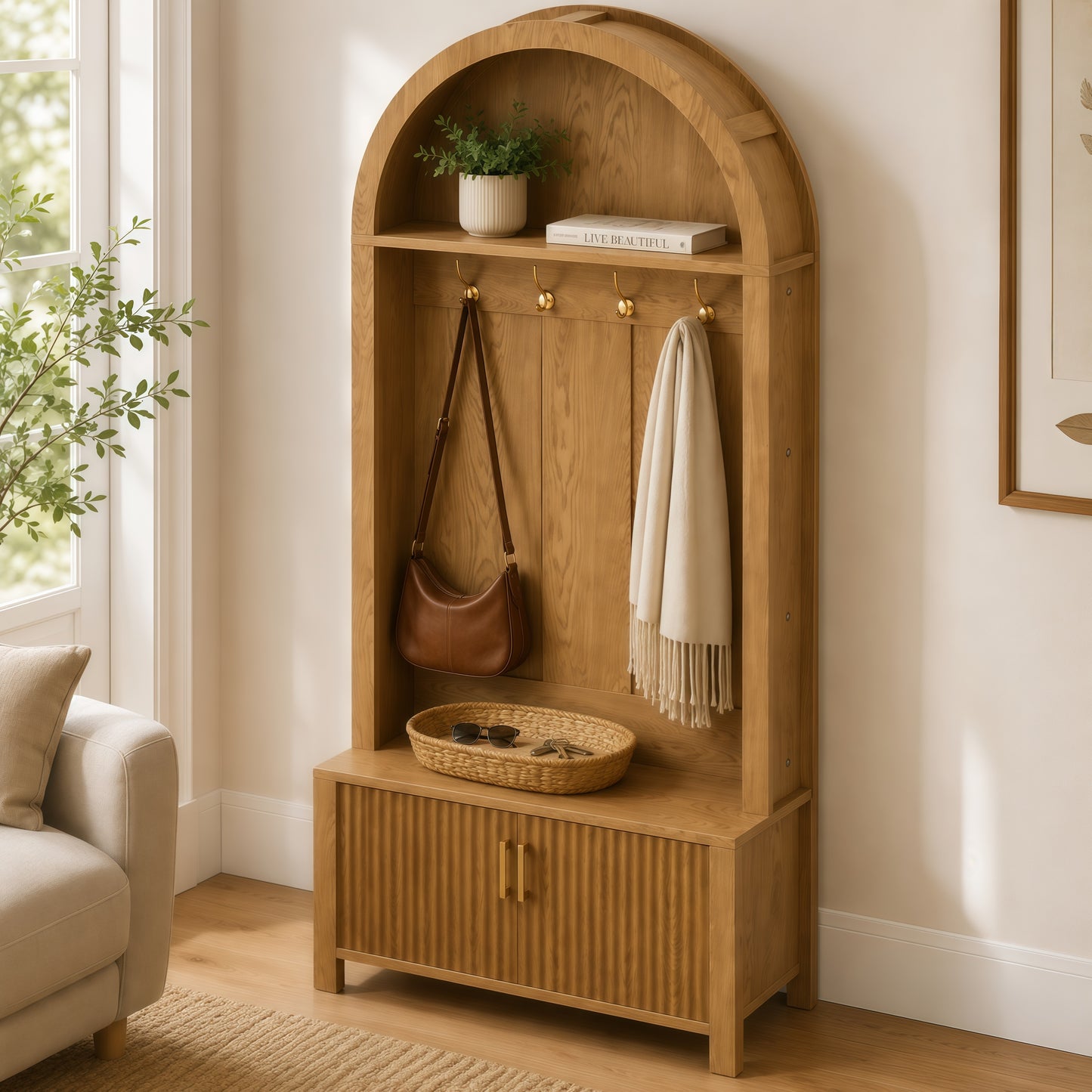 Arched Top Hall Tree with Bench and Shoe Storage,mudroom bench with storage,70.3"Arch Coat Rack with 4 Metal Hooks and 2 Fluted Doors,Farmhouse Style Furniture Organizer for Mudroom, Entryway, Hallway image 2