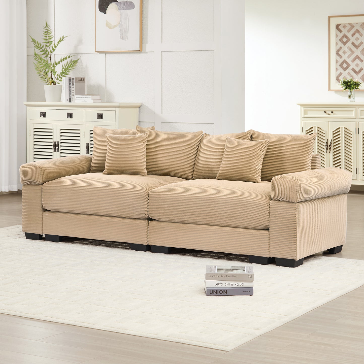 92" Oversized Cloud Modular Sectional Couch,Corduroy Fabric Extra-Wide Armrests Throw Pillows Ergonomic Design High Resilience Cushion Easy Assembly,For Living Rooms Bedrooms,Camel image 2