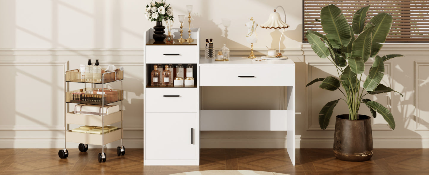3-in-1 Vanity Desk with Flip Top Mirror, Glass Top Compact Makeup Vanity & Hidden Storage, Vanity Table with 3 Drawers and Cabinet, Space-Saving Dressing Tablefor Bedroom, White image 10