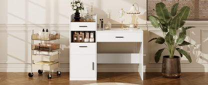 3-in-1 Vanity Desk with Flip Top Mirror, Glass Top Compact Makeup Vanity & Hidden Storage, Vanity Table with 3 Drawers and Cabinet, Space-Saving Dressing Tablefor Bedroom, White image 10