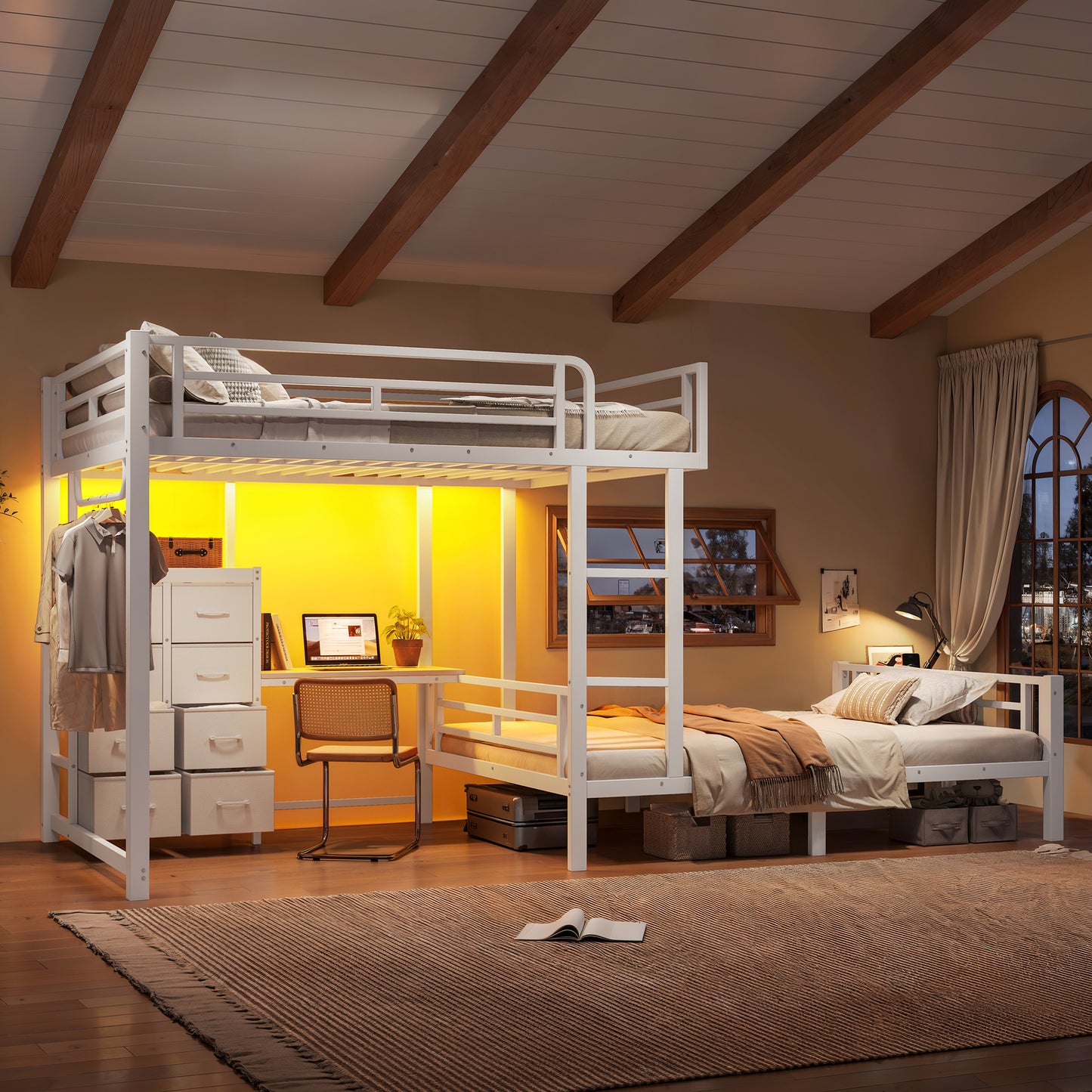 Full over Full Size with 8 Storage Drawers,Built in Bunk bed with Shelves,Bunk bed with Study Desk,Garment Hanging Rod and detachable hanging USB, Sturdy Steel Bed frame for Kids,Teens,adults,white image 2