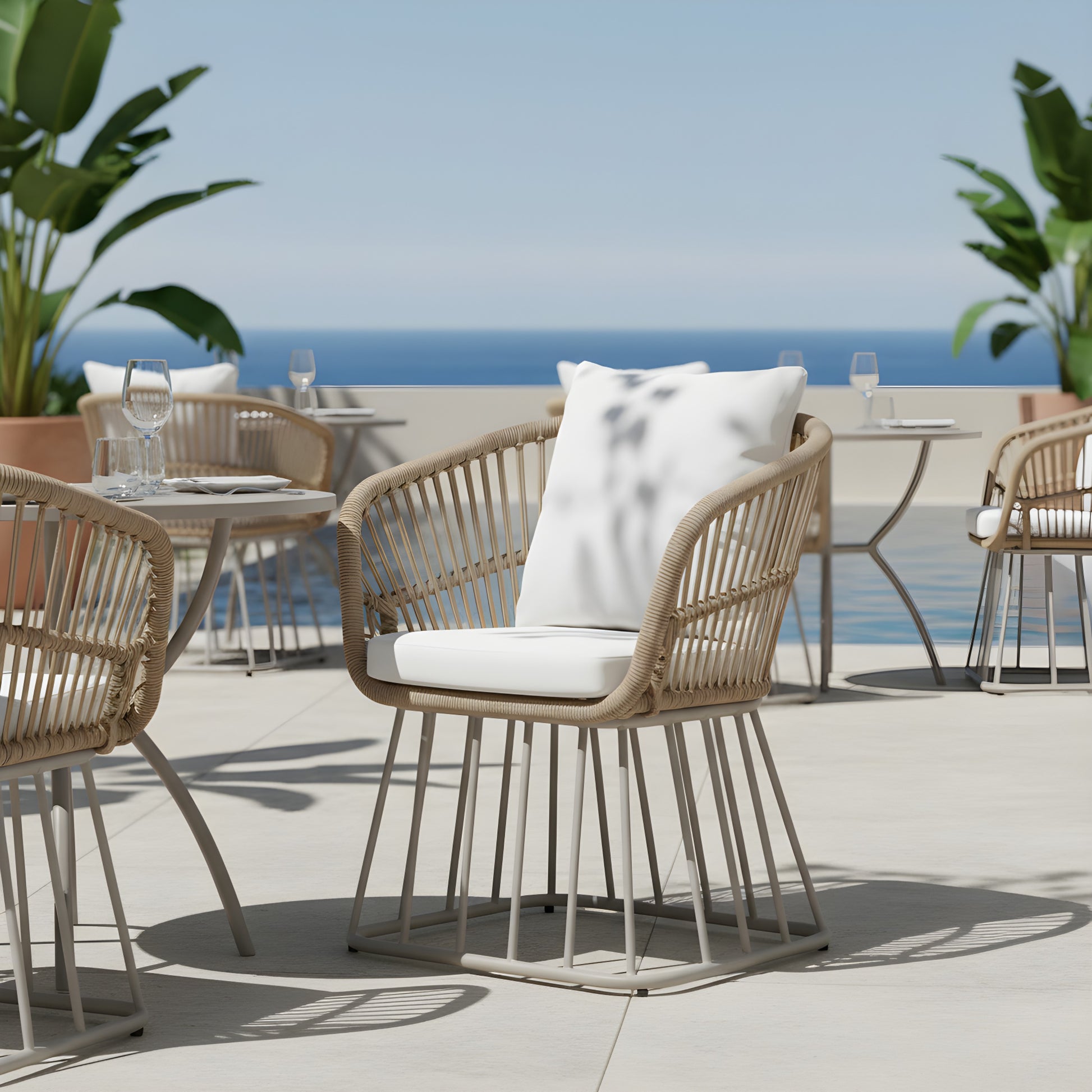 Outdoor Dining Chair MP1 - Teak Finish Wicker & Beige Steel Frame, 300LBS Weight Capacity, Includes Cushion image 1