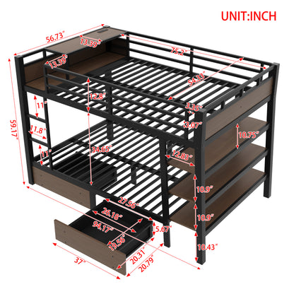 Full Size Metal Bunk Bed with Storage Shelves, LED light strip, and USB power strip, black image 5