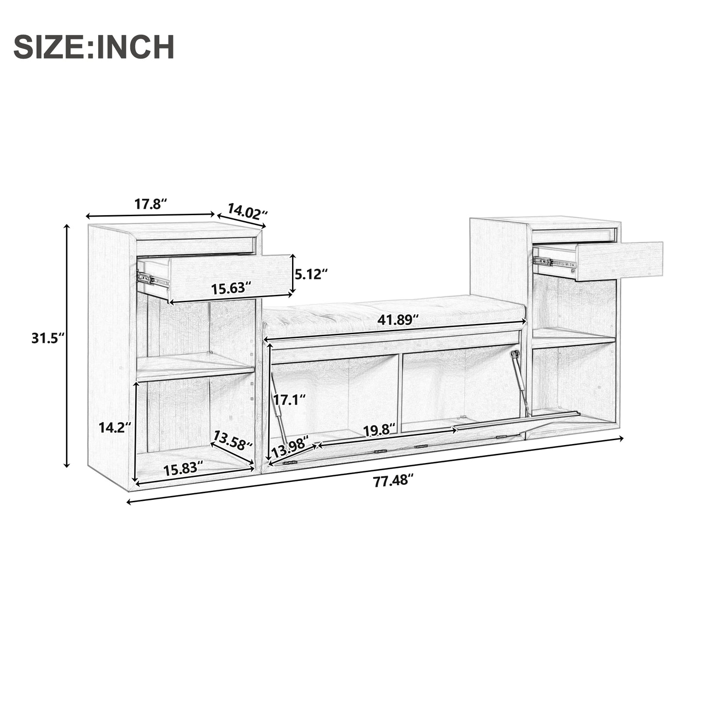 TREXM All-in-One Entryway Storage Bench with Cushion, Compartments, Drawers & Open Shelves, Storage Bench for Hallway, Mudroom, Living Room(Espresso) image 9