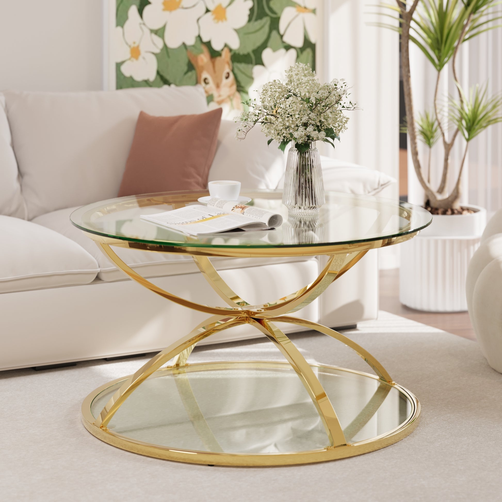 31.50'' Modern Glass Coffee Table with 2 Tiers, Ring-Shaped Frames, Metal Frame and Clear Tempered Glass, Round Coffee Table for Living Room, Bedroom and Office, Gold image 3
