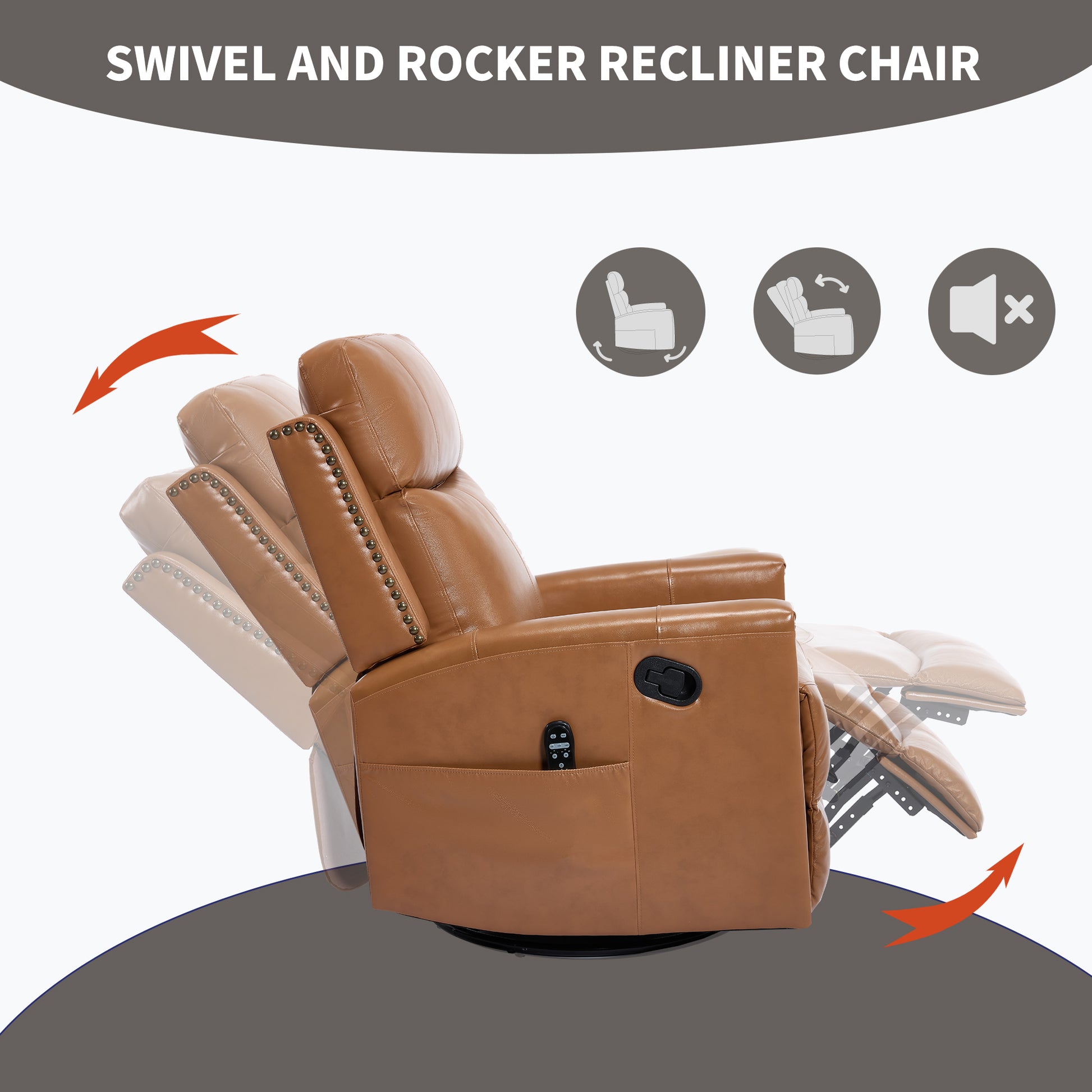 Orange Gnuine Leather Heat Massage Manual Recliner Chair with Rocker and Swivel for Living Room image 7