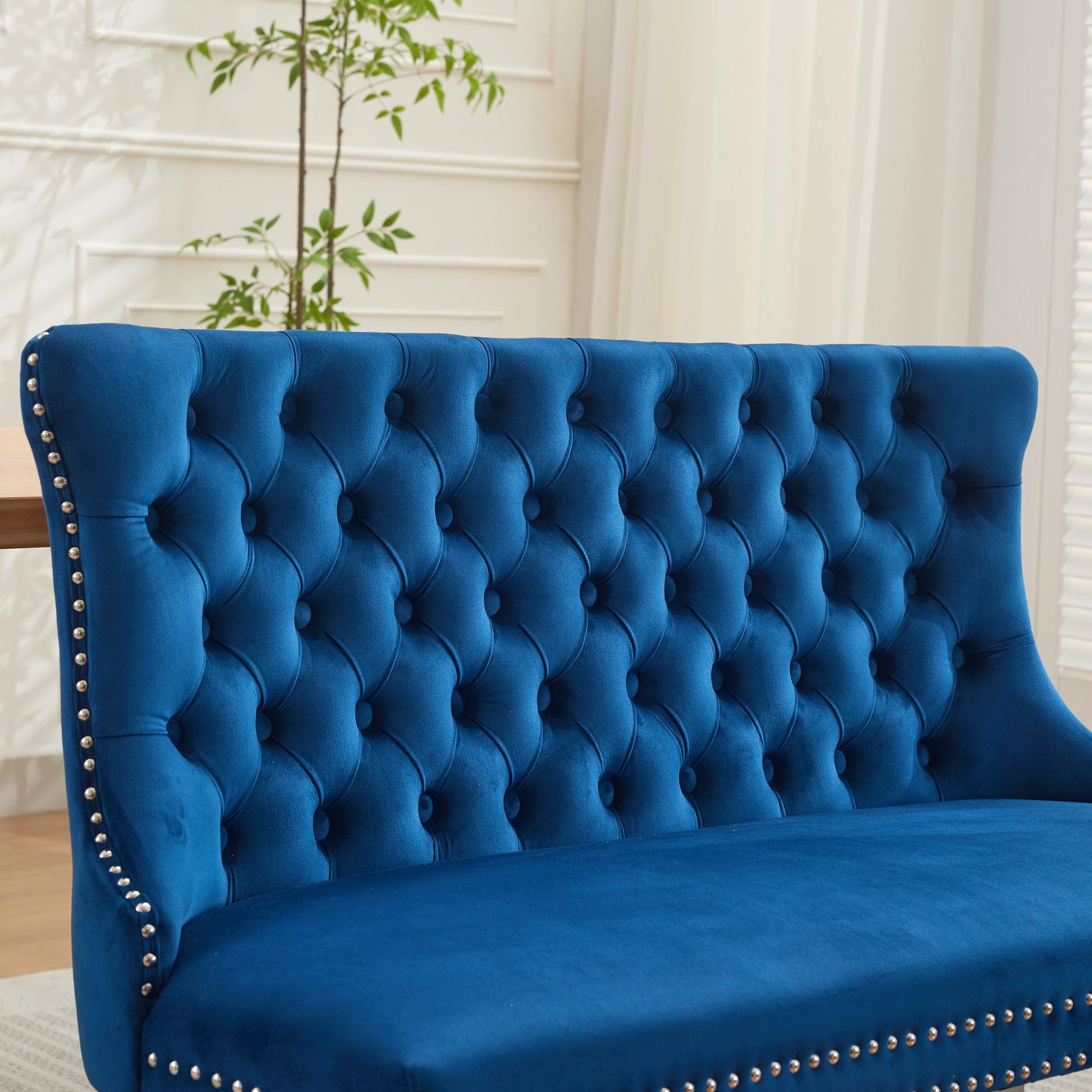 Velvet Double Dining Loveseat Bench, Kitchen & Dining Seating, 2-Seat Tufted Bench w/Handmade Buttons, Wing Back, Brushed Silver Stainless Steel Legs, Mid Century Modern,Single Pack,Blue,SW1702BL image 9