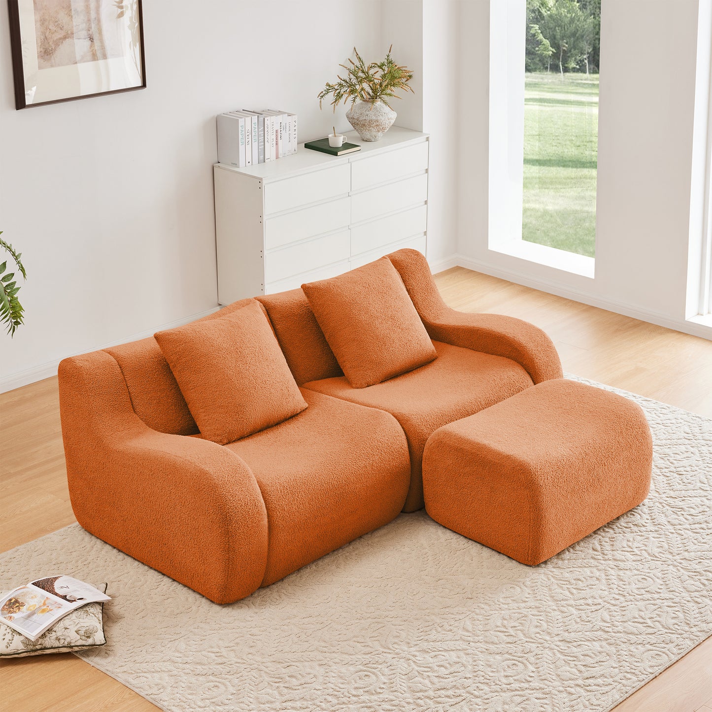 L-Shaped Teddy Fabric 2-Seat Boneless Sofa,No Assembly Required Curved Armrest,Streamlined Design Ergonomic Design,32D High Density Sponge For Living Rooms Rest Areas Bedroom,Orange image 2