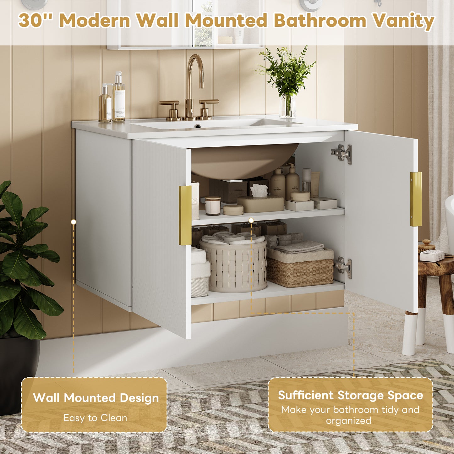 30" Vintage Bathroom Vanity with Ceramic Sink, with 3 Holes Single Ceramic Sink, Bathroom Storage Vanity Cabinet with 2 Soft Closing Doors image 6
