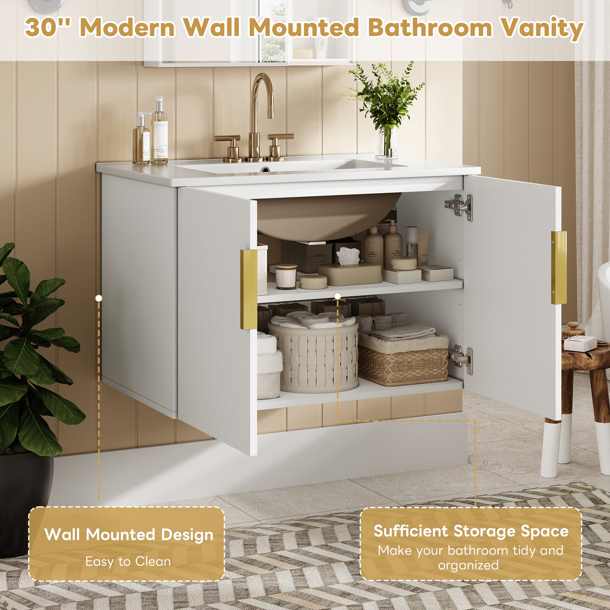 30" Vintage Bathroom Vanity with Ceramic Sink, with 3 Holes Single Ceramic Sink, Bathroom Storage Vanity Cabinet with 2 Soft Closing Doors image 6
