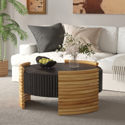 31.50" Modern Colorblocked Striped Coffee Table with Flip Top Storage Coffee Table - Natural Wood Finish for Living Room, Apartment, Office, Easy to Assemble, Dark Brown Tabletop + Wooden Color image 4