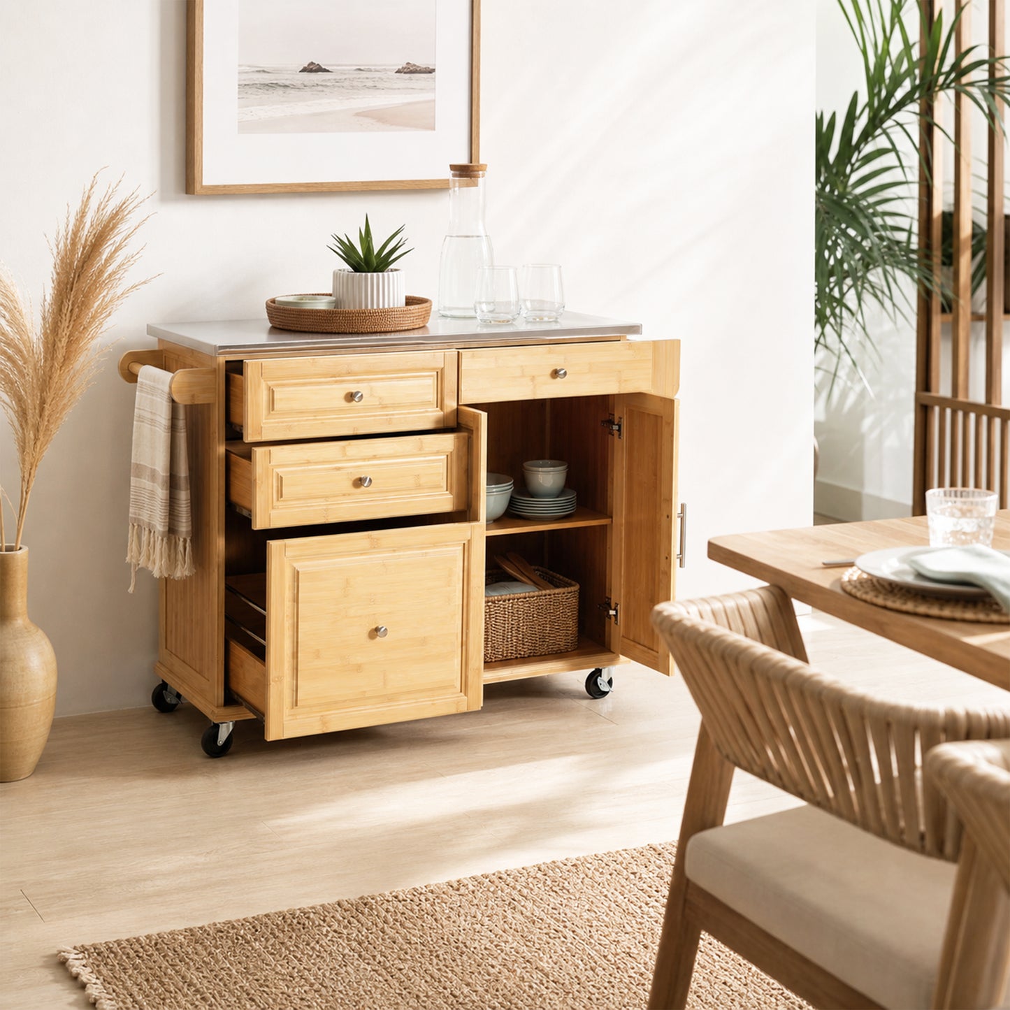 Indoor Bamboo Rolling Kitchen Island with Stainless Steel Top – Mobile Cart with Drawers, Cabinet & Towel Rack for Dining & Bar image 1