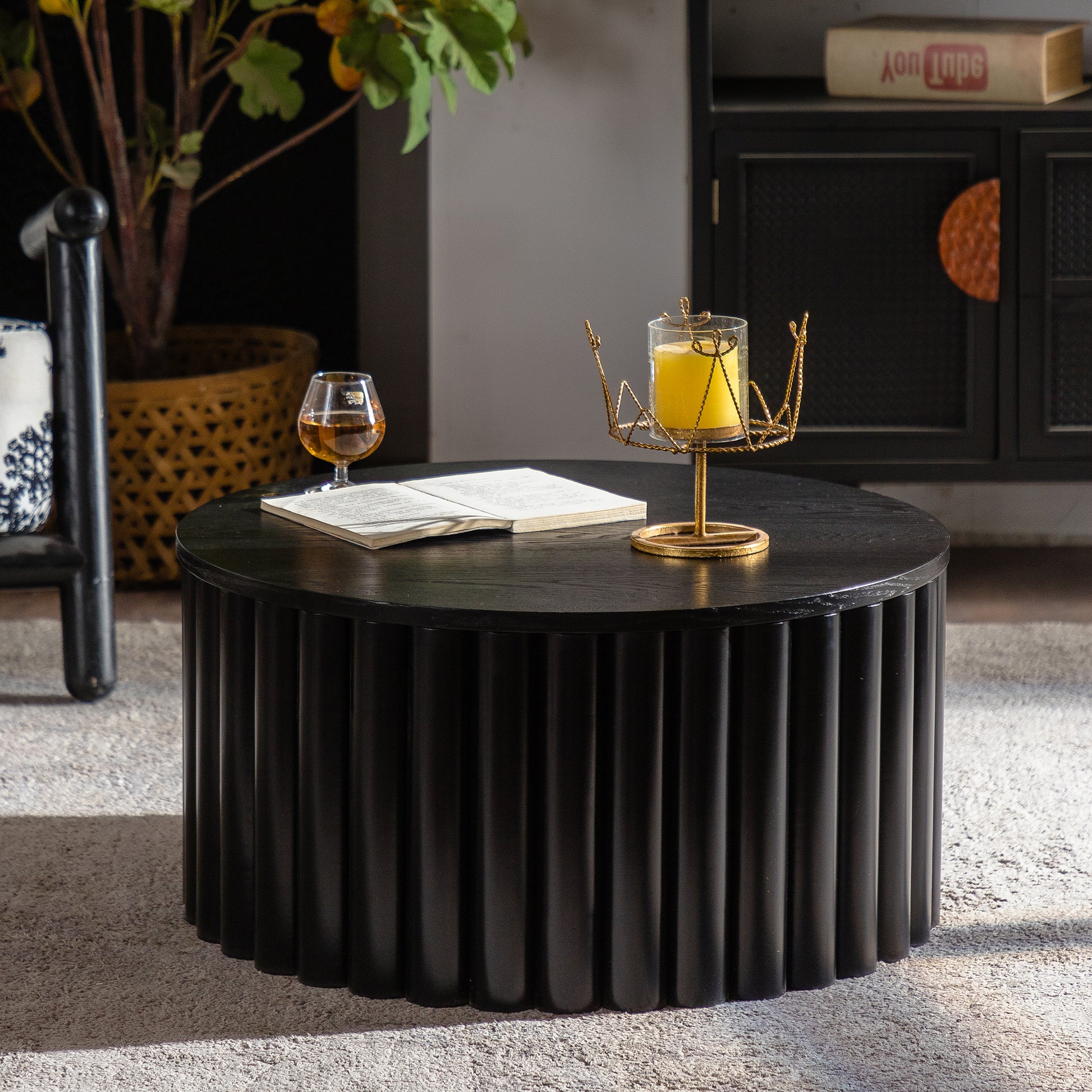 Round Coffee Table With Lift Handcrafted Relief Sturdy Pedestal Wooden Tea Table for Living Room no need to Assemble image 3