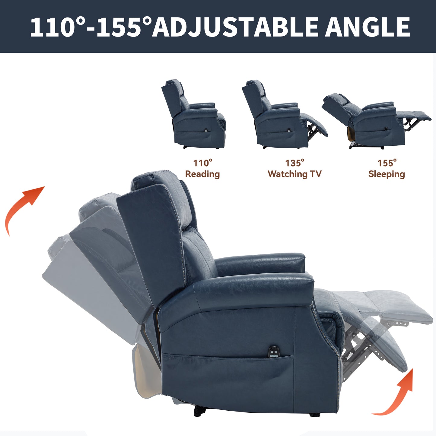 Blue Manual Recliner Chair in Faux Leather for Living Room with Heavy Duty Motion Mechanism, 8 vibrating nodes and 3 massage modes. image 6