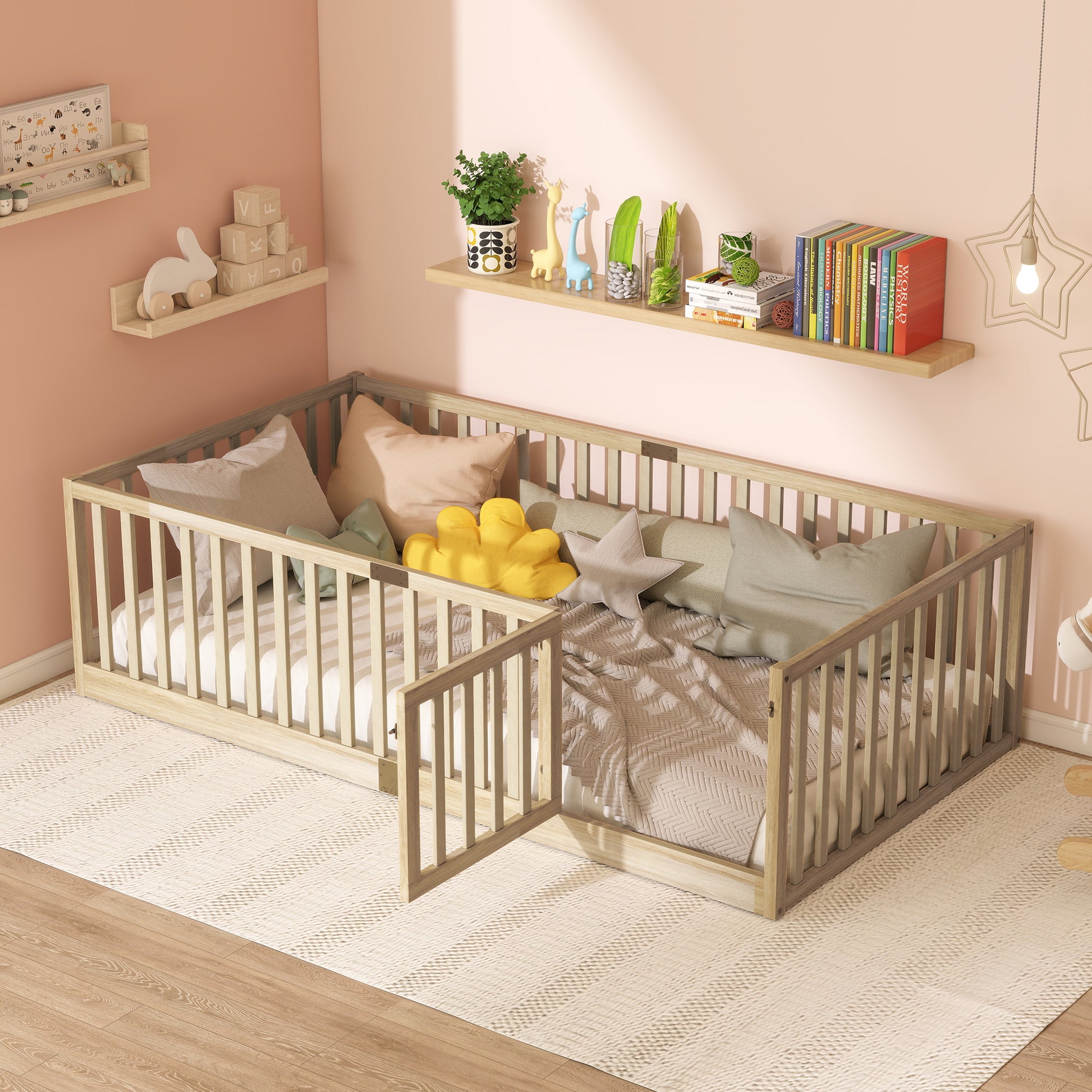 Twin Size Floor Bed with High Fence Railings, with Door, Rubber Wood Floor Bed with Safety Guardrails,Natural image 1