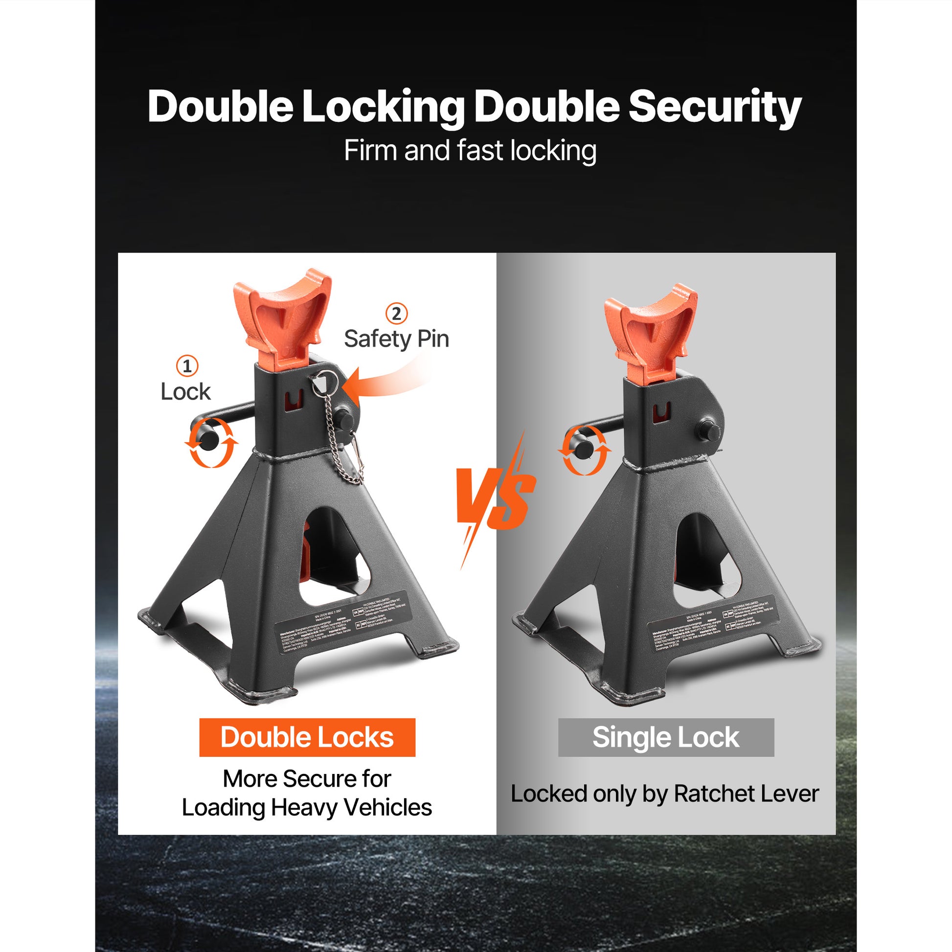 Jack Stands, 3 Ton (6,600 lbs) Capacity, 10.8-16.3 in Adjustable Height, Heavy Duty Steel Jack Auto Stands with Double Locking, for Lifting SUV, Pickup, Car, UTV/ATV, 1 Pair, Black and Orange image 3