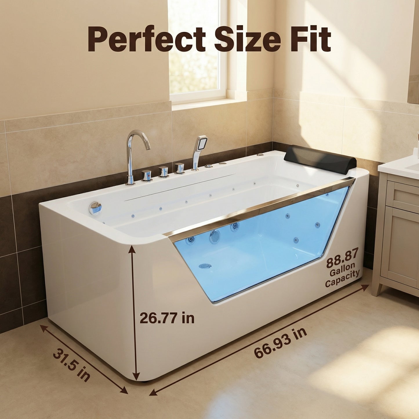 67" Whirlpool Bathtub,Hydrotherapy Jetted Bathtub with Glass Panel, 7 Jets,3-Side Apron,89 Gallons,White image 4
