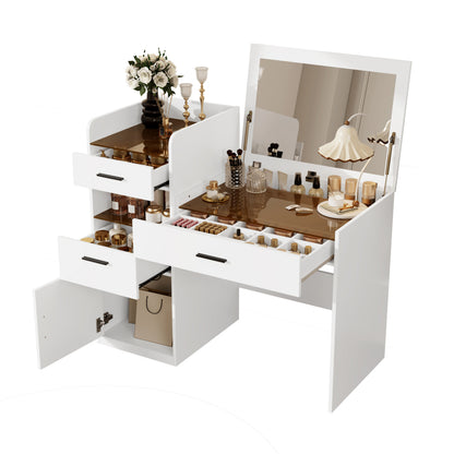 3-in-1 Vanity Desk with Flip Top Mirror, Glass Top Compact Makeup Vanity & Hidden Storage, Vanity Table with 3 Drawers and Cabinet, Space-Saving Dressing Tablefor Bedroom, White image 11