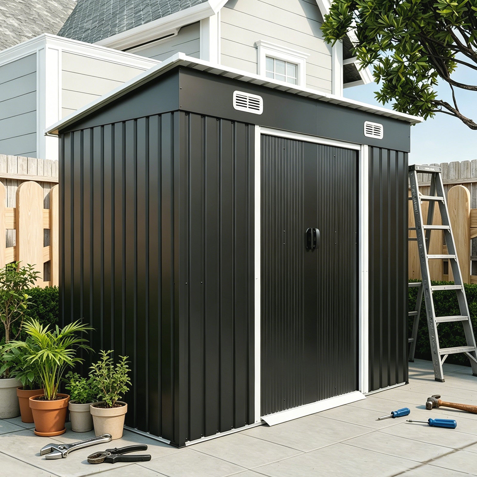 8x4ft Metal Shed, Sliding Door Galvanized Steel Shed with Lock Hole, Air Vents & Threshold, Outdoor Garden Tool Shed(7.84*4.04 FT) image 2