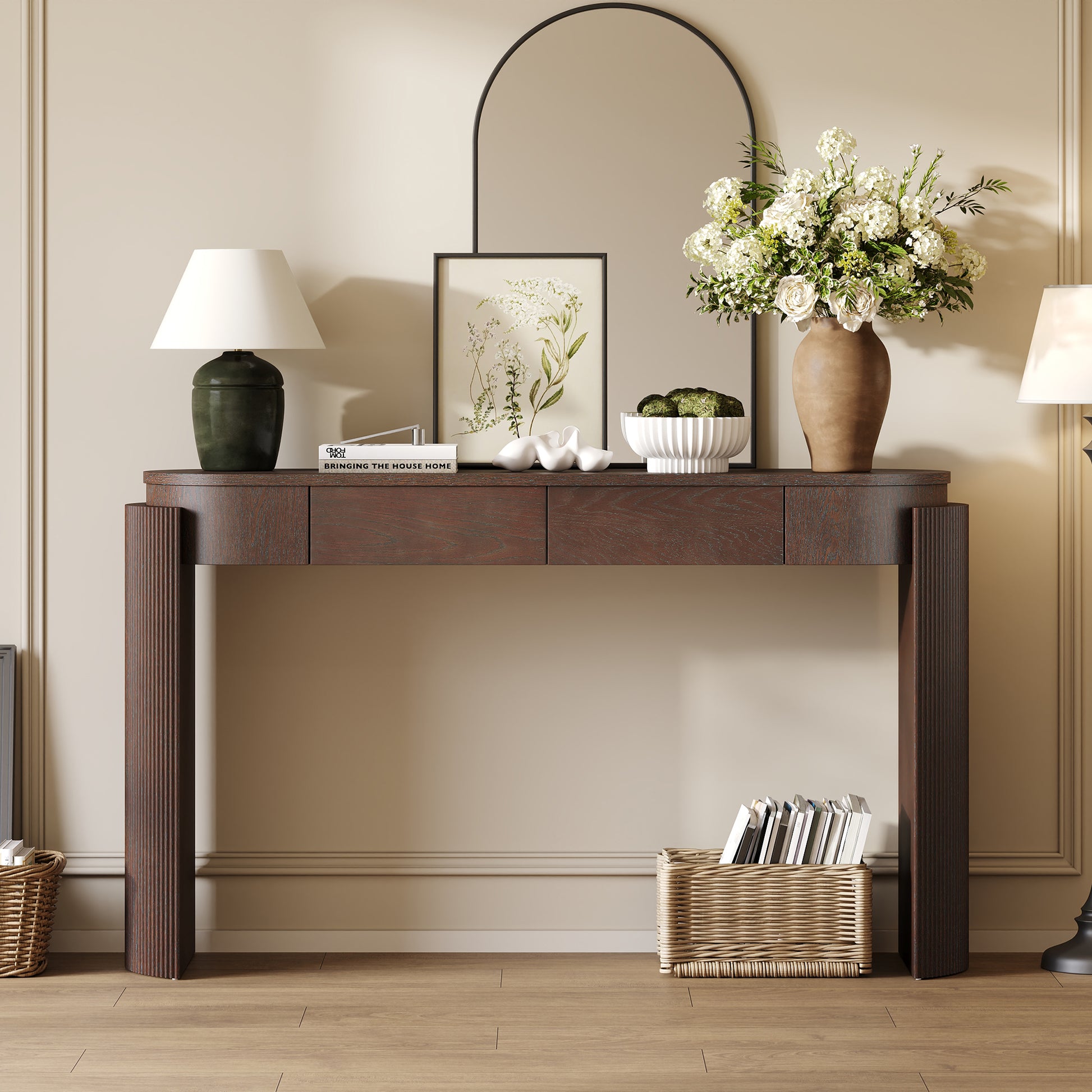 TREXM Entryway Table with Natural Wood Grain Finish, Console Table with Fluted Design, Oval Top and 2 Drawers for Entryway and Living Room (Espresso) image 1