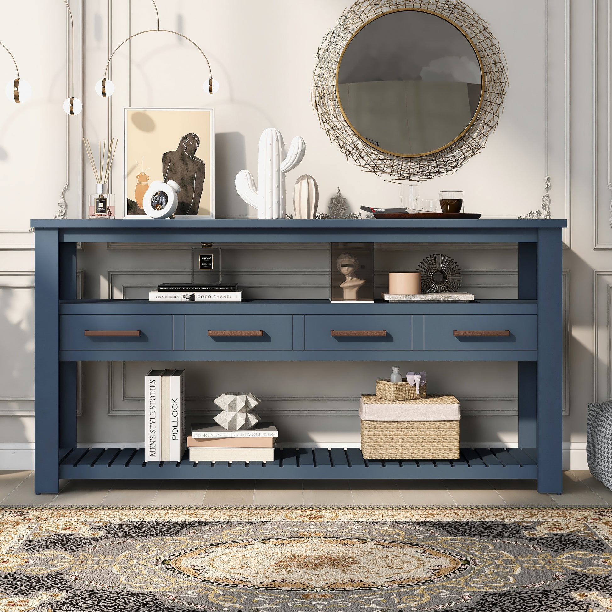 U_STYLE 61.5''Large Entryway Table with 4 Drawers,Painted Console Table with 3-Tier Open Shelves and Metal Handles,Versatile Hallway Sofa Table for Living Room, Bedroom, Foyer and Kitchen image 2