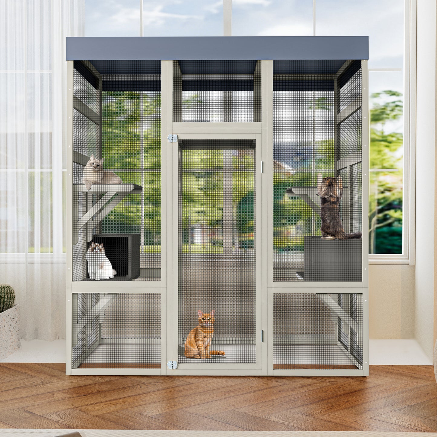 62.6" Wooden Catio for Cats, Large Cat Enclosure with Waterproof cover, 2 Napping House, Platforms & Galvanized Metal Wire – Secure Pet Cage Shelter image 3