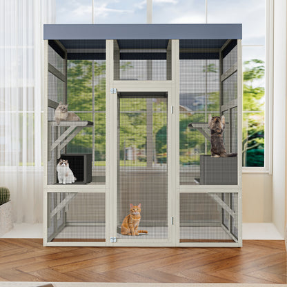 62.6" Wooden Catio for Cats, Large Cat Enclosure with Waterproof cover, 2 Napping House, Platforms & Galvanized Metal Wire – Secure Pet Cage Shelter image 3