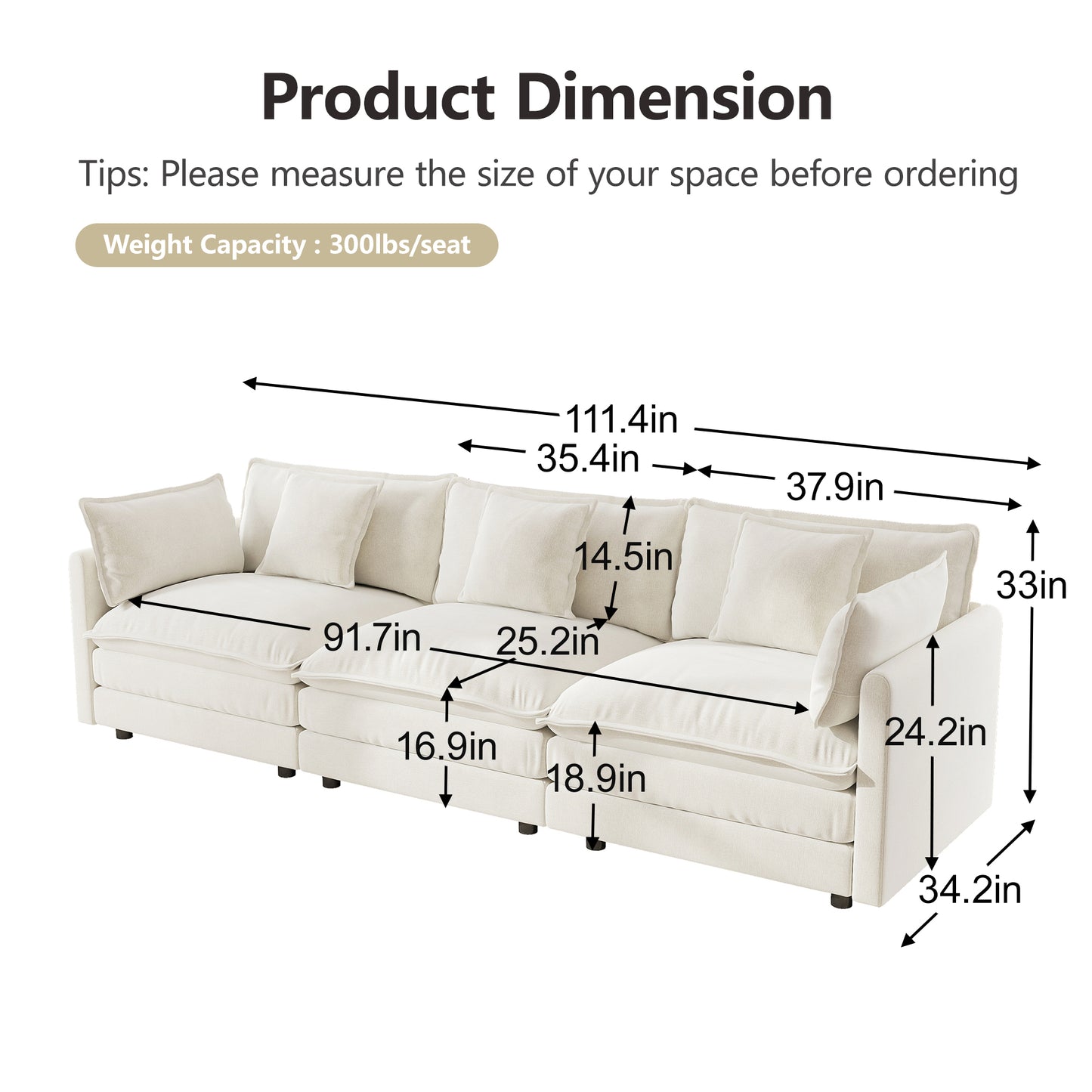 Sofa Set of 2 Chenille Couch, 2+3 Seater Sofa Set Deep Seat Sofa, Modern Sofa Set for Living Room, White Chenille image 6