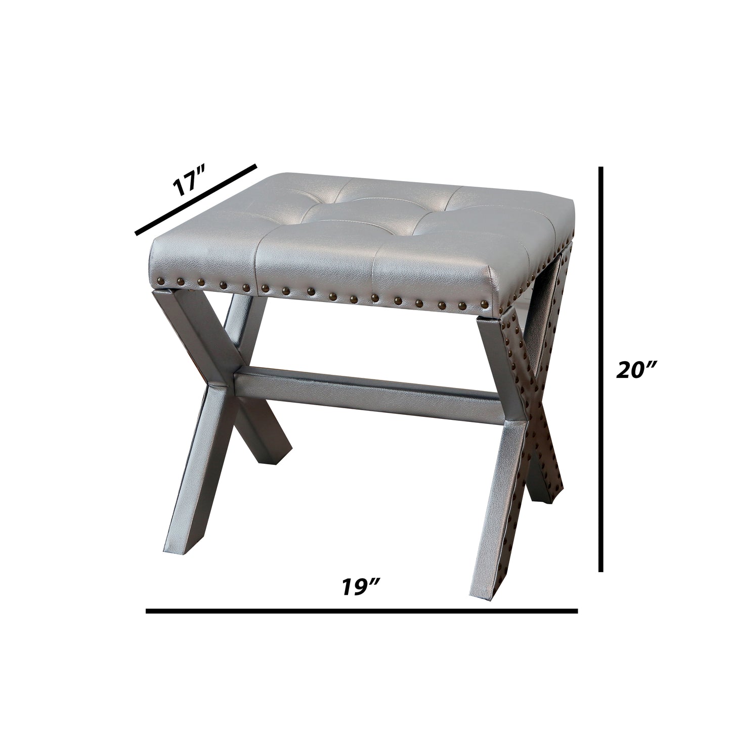 Accent Stool, Tufted Linen Upholstered Chair, X-Base Wood Seat with Nailhead Trim, 17"D x 19"W x 17"H, 300 lbs Capacity image 3