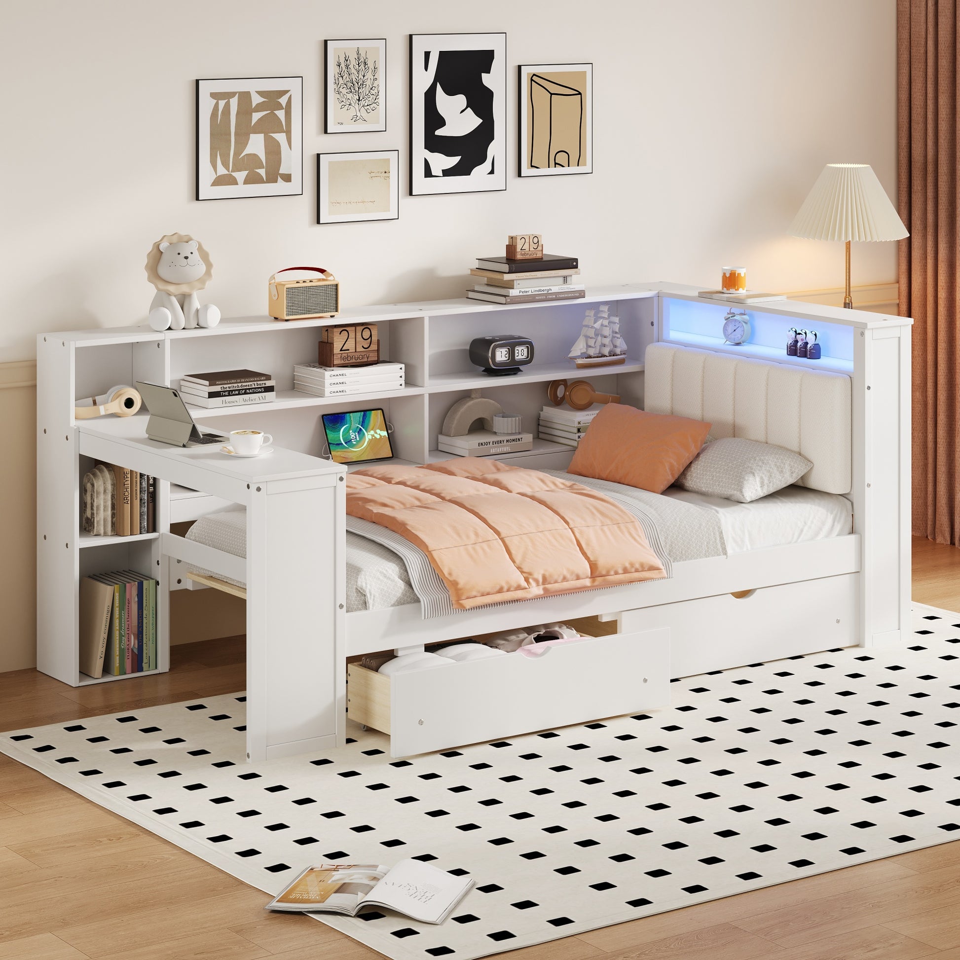 Wood Twin Size Platform Bed with Storage Shelves, Drawers, Charging Station, LED, Desk and Upholstered Headboard, White+Beige Cushion image 3