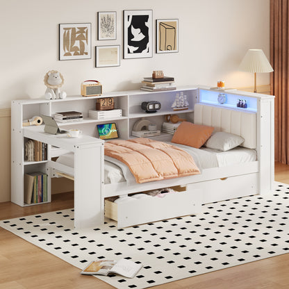 Wood Twin Size Platform Bed with Storage Shelves, Drawers, Charging Station, LED, Desk and Upholstered Headboard, White+Beige Cushion image 3