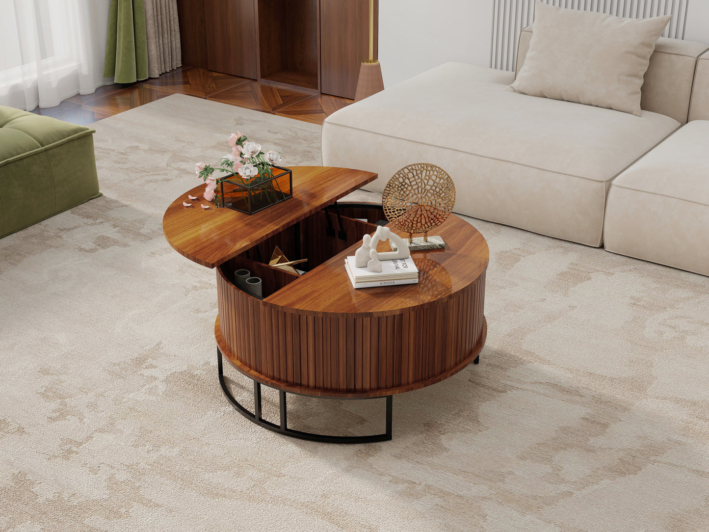31.5" Round Coffee Table with Storage,Fluted Lift Top Center Table, Midcentury Modern Flip-top Curved Table for Living Room,Walnut image 1