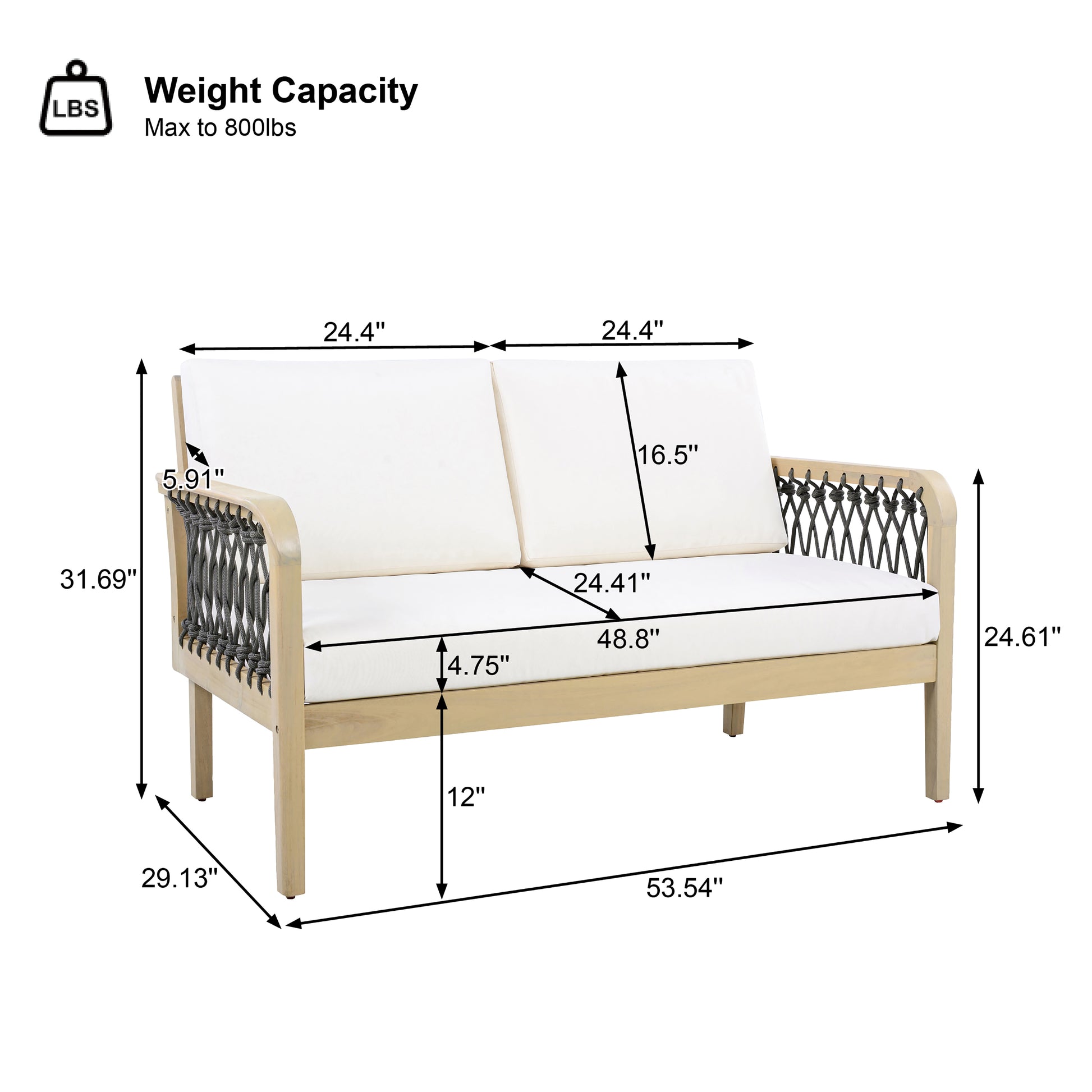 4-Piece Acacia Wood Outdoor Patio Furniture Set, All-Weather Conversation Sofa Set with Rope Woven Armrests, Removable Cushions for Backyard Garden,Light teak+Dark grey rope+Cream cushion image 4