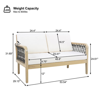 4-Piece Acacia Wood Outdoor Patio Furniture Set, All-Weather Conversation Sofa Set with Rope Woven Armrests, Removable Cushions for Backyard Garden,Light teak+Dark grey rope+Cream cushion image 4