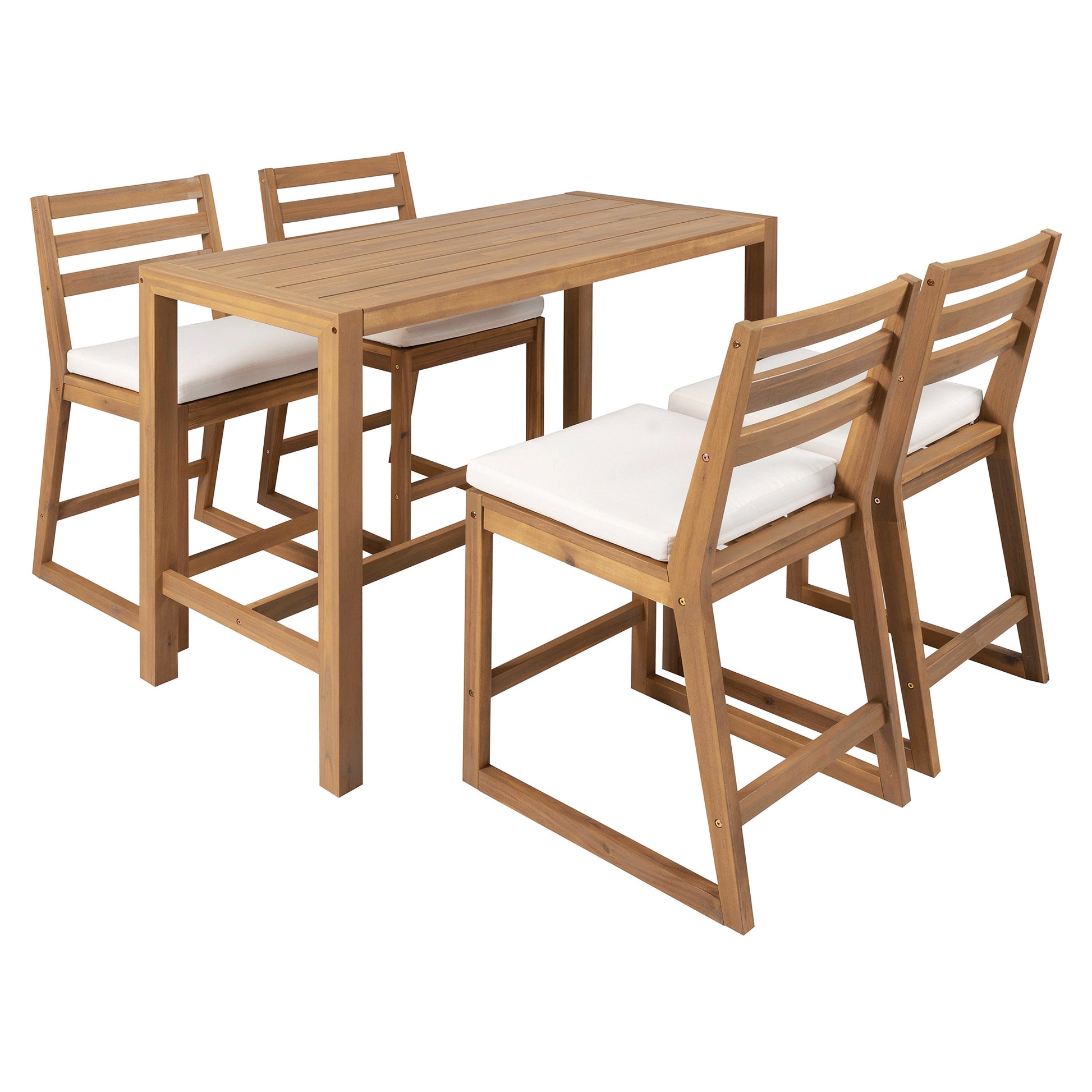TREXM 5-Piece Rustic Patio Bar Set, Patio Table and Chairs Set with Ergonomic Chairs, Solid Wood Slatted Tabletop for Poolside, Balcony, Backyard, Porch (Light Teak+Beige Cushion) image 2