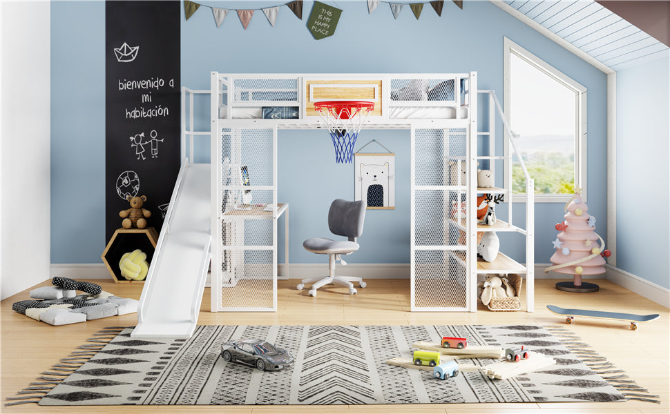 Full Size Metal Loft bed with Built-in Desk, Open Wardrobe, Basketball hoop, Slide and Staircase, White image 5